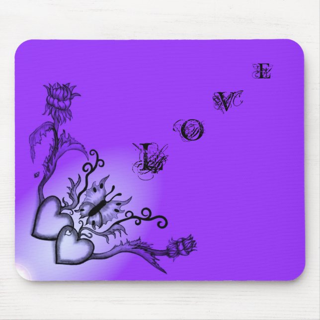 Tapis De Souris Coeurs avec fleurs et papillon en style tatouage (Devant)