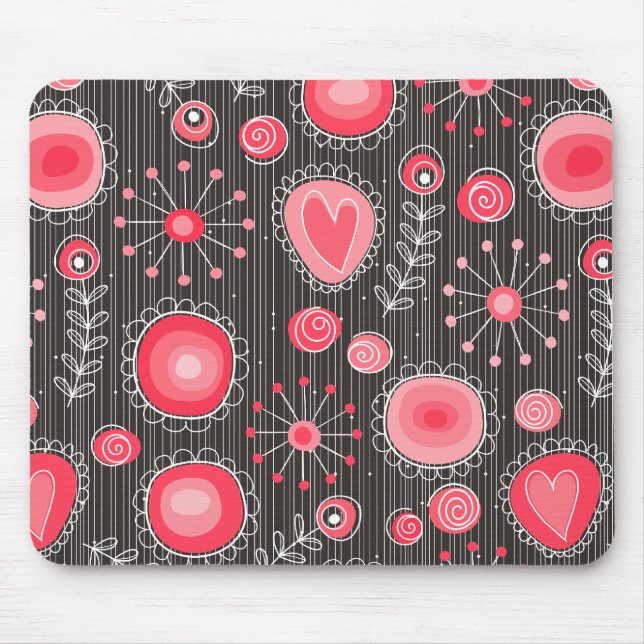 Tapis De Souris Coeurs blancs et gris et fleurs florales (Devant)
