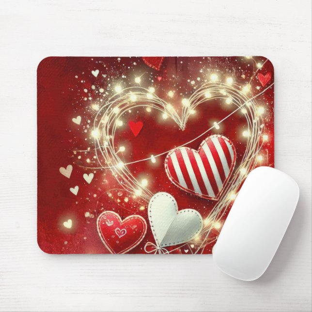 TAPIS DE SOURIS COEURS DE JOUR ROUGE ET BLANC VALENTINES (Avec souris)