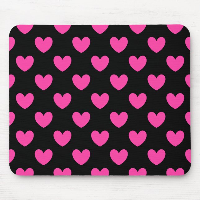 Tapis De Souris Coeurs de polka rose Fuchsia sur noir (Devant)
