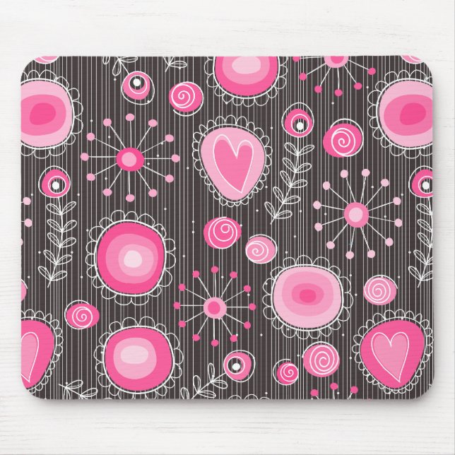 Tapis De Souris Coeurs et fleurs rose et bleu Whimsical (Devant)