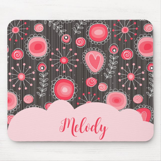 Tapis De Souris Coeurs gris-blanc et fleurs nom floral (Devant)