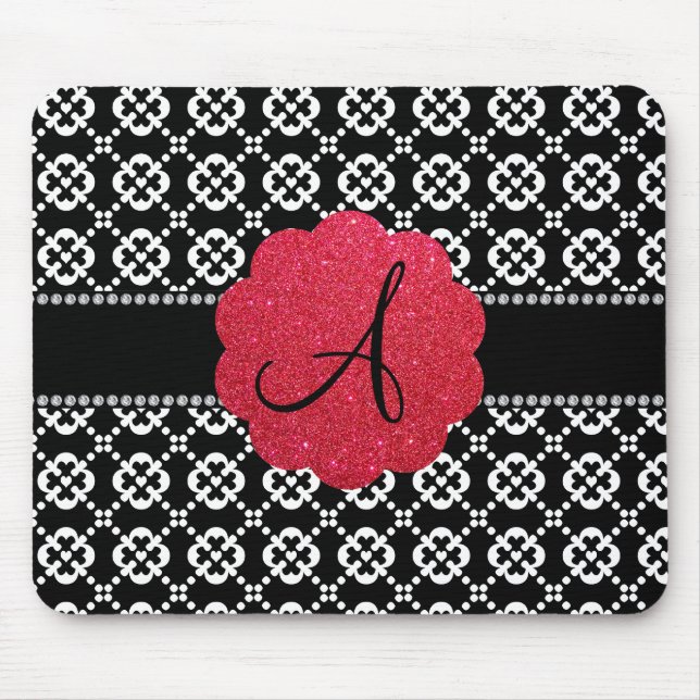 Tapis De Souris Coeurs ornementaux noirs de monogramme (Devant)