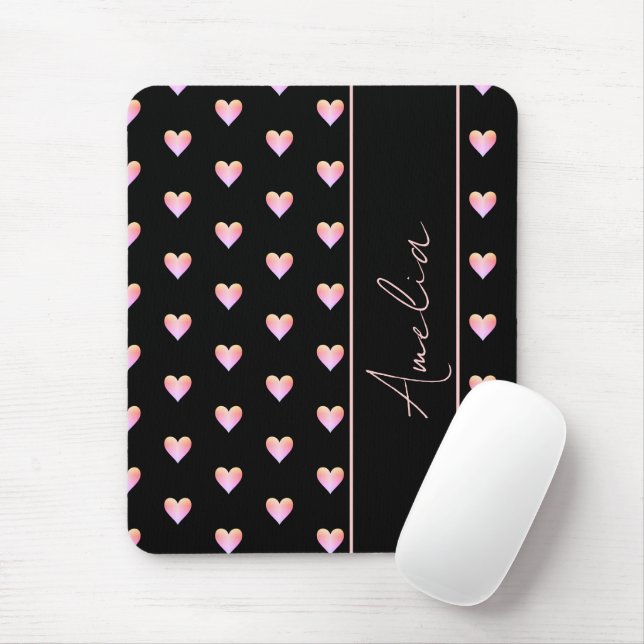 Tapis De Souris Coeurs roses noirs modernes Nom personnalisé (Avec souris)
