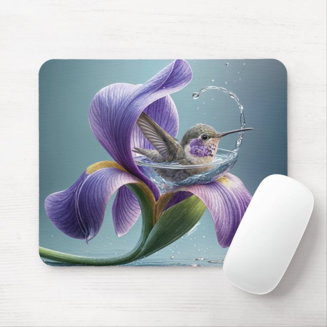 Tapis De Souris Colibri Se Baigner Dans Une Fleur D'Iris (Avec souris)