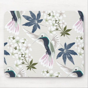 Tapis De Souris Colibris et fleurs blanches.