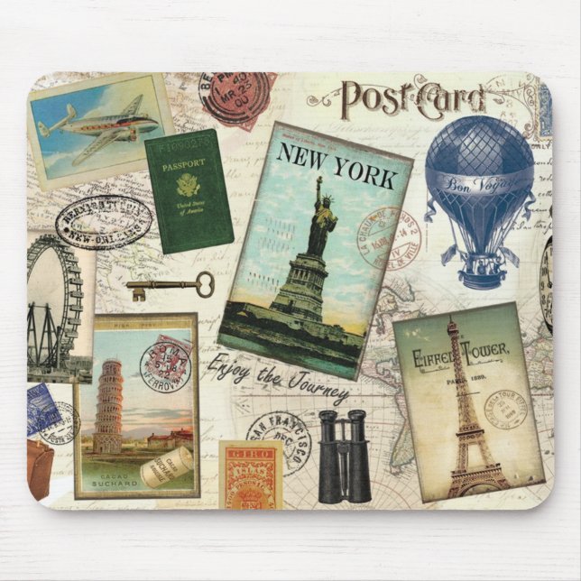 Tapis De Souris collage de voyage vintage moderne (Devant)