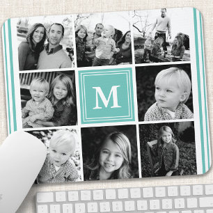 Tapis De Souris Collage photo de famille à monogramme sarcelle