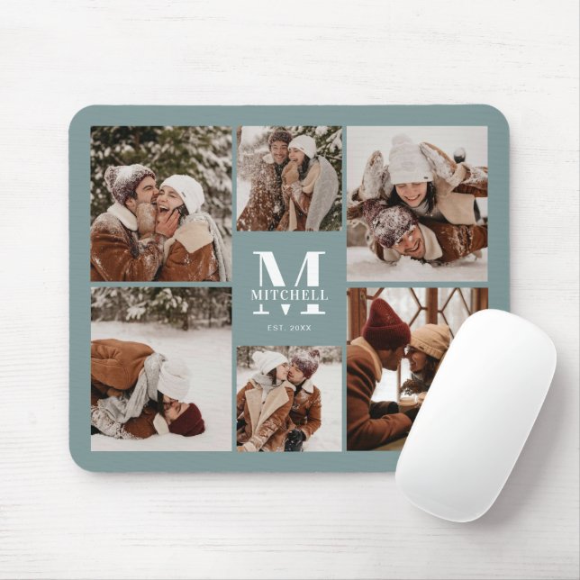 Tapis De Souris Collage photo moderne Monogramme personnalisé Vert (Avec souris)