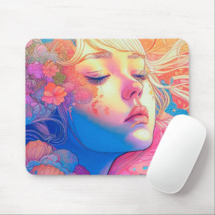 Tapis De Souris Colorée Fille Mignonne Entourée de Fleurs  