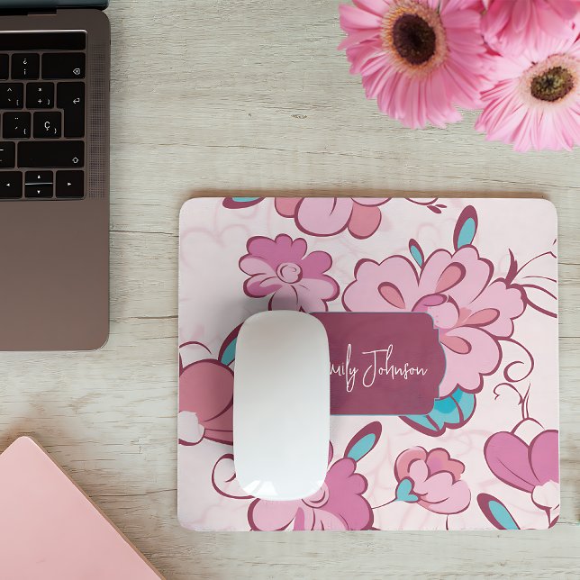 Tapis De Souris Conception de monogramme floral sarcelle rose pâle (Soft Pink Teal Floral Monogram Design Custom Name Mouse Pad)