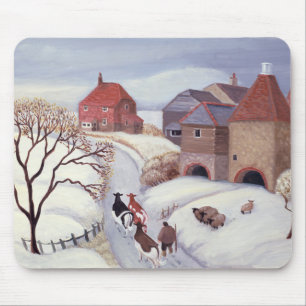 Tapis De Souris Conduisant des vaches à la maison dans la neige