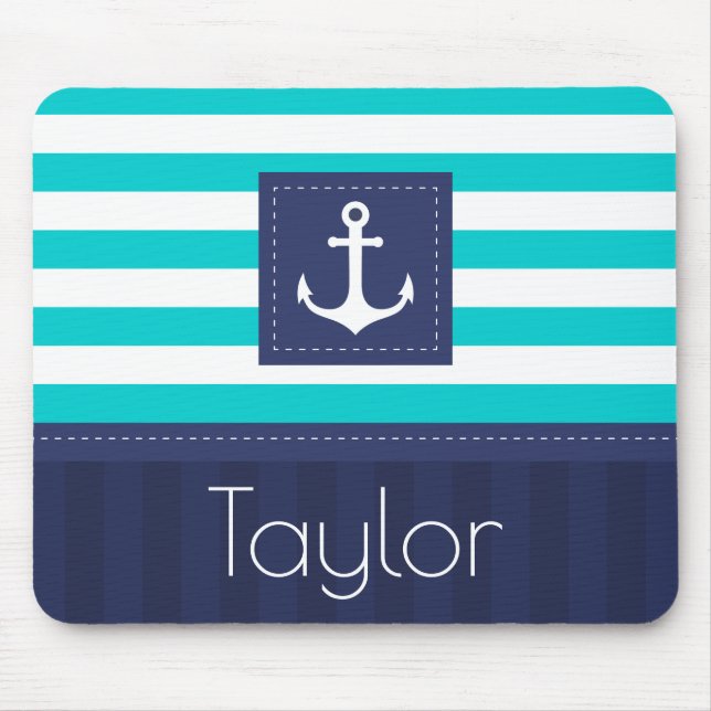 Tapis De Souris Contemporain Aqua Navy Blue Ancre personnalisée (Devant)