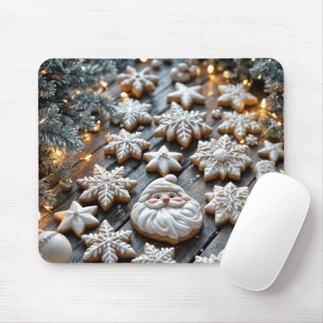 Tapis De Souris Cookies De Noël Sur Bois Rustique (Avec souris)