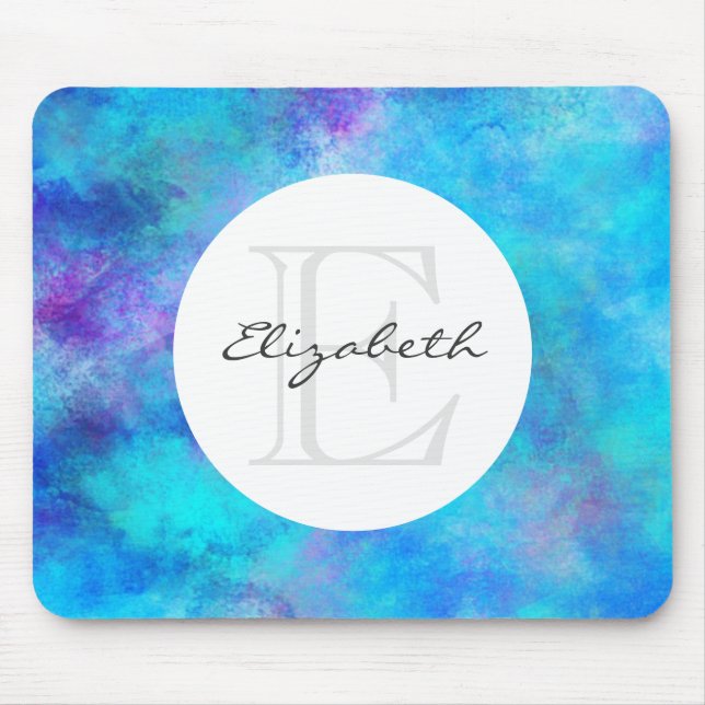 Tapis De Souris Cool bleu et violet Abstrait Aquarelle Monogramme (Devant)