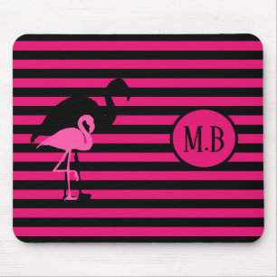 Tapis De Souris Cool Flamant rose noir et rose rayures Monogramme