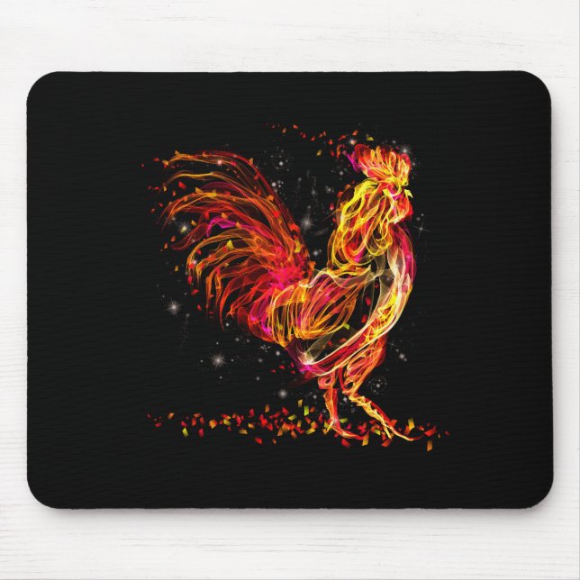 Tapis De Souris Coq de feu. Flamme animal étincelant design cool (Devant)