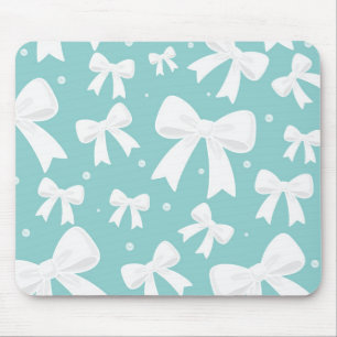 Tapis De Souris Coquette Bleue Avec Perles Et Rubans Blancs 