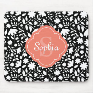 Tapis De Souris Corail Monogramme Quatrefoil noir motif floral