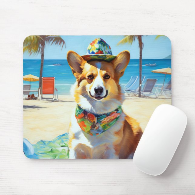 Tapis De Souris Corgi on Beach, cadeau d'été pour les amoureux de  (Avec souris)