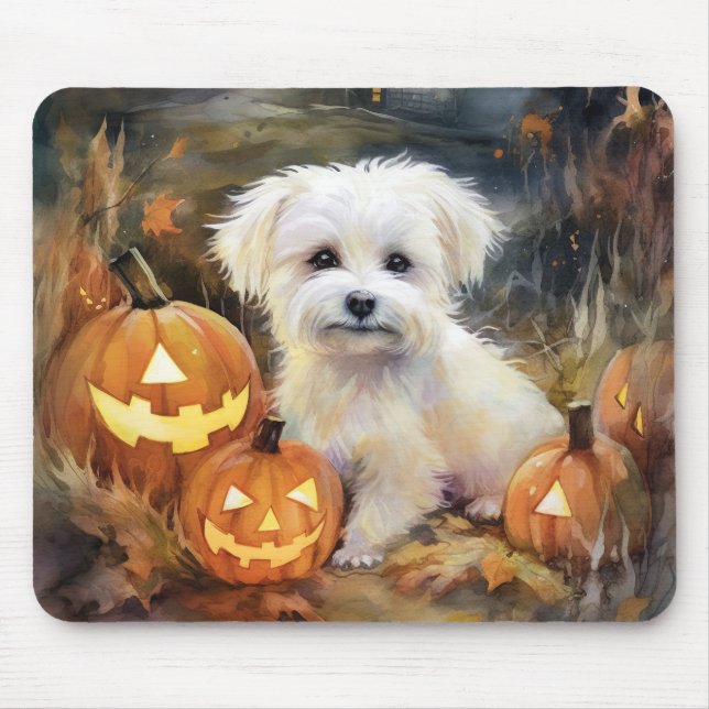 Tapis De Souris Coton De Tulear Halloween Avec Peur Citrouille (Devant)