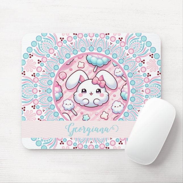 Tapis De Souris Coton Personnalisé Candy Kawaii Bunny Dot Mandala (Avec souris)