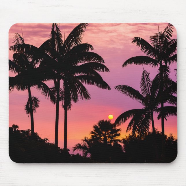 Tapis De Souris Coucher de soleil à travers les palmiers (Devant)