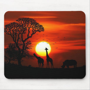 Tapis De Souris Coucher de soleil africain avec les girafes