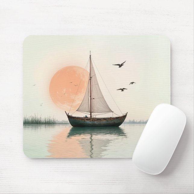 Tapis De Souris Coucher De Soleil De Bateau Avec Mouettes (Avec souris)