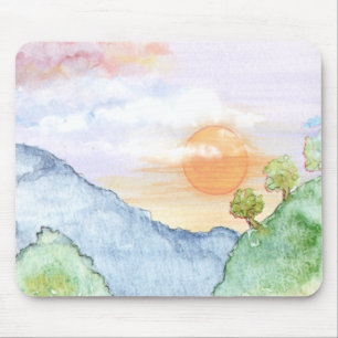 Tapis De Souris Coucher de soleil sur les montagnes et les arbres