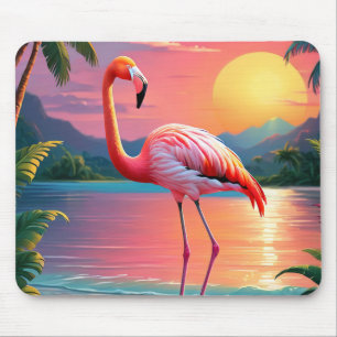 Tapis De Souris Coucher de soleil tropical aux flamants roses 