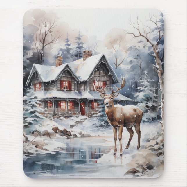 Tapis De Souris Couleur d'hiver - Cerf et chalet (Devant)