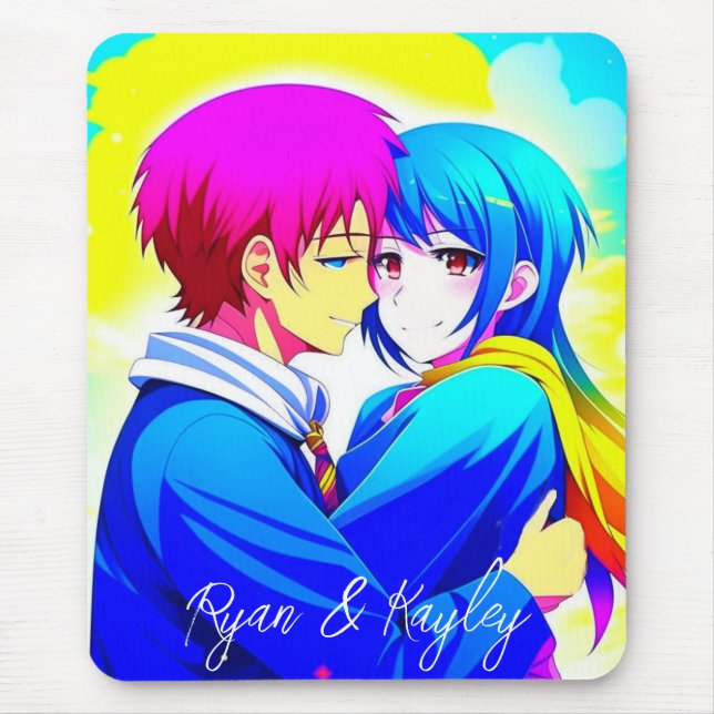 Tapis De Souris Couple Anime personnalisé accolé rose et bleu (Devant)