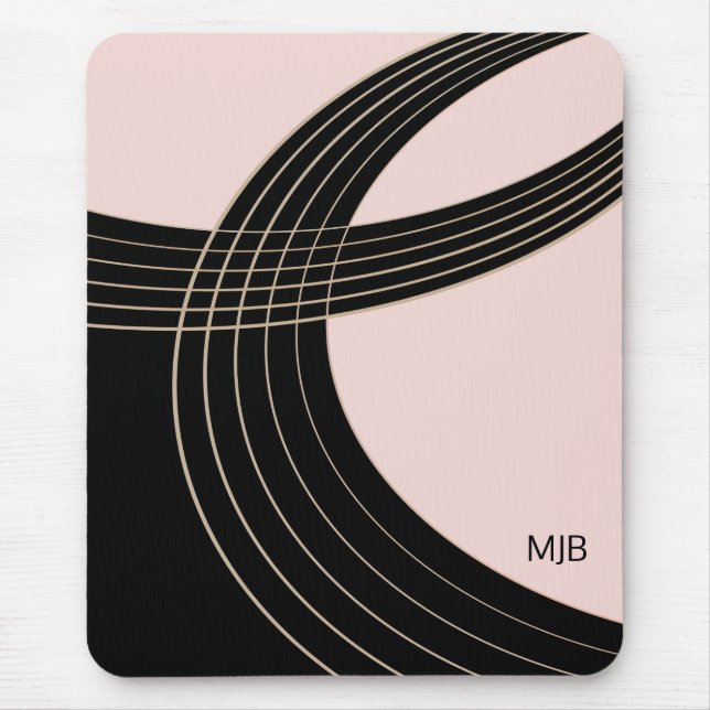 Tapis De Souris Courbes Art Déco Noir et Rose avec Monogramme (Devant)