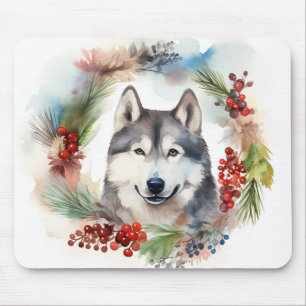 Tapis De Souris Couronne de Noël festive de malamute d'Alaska