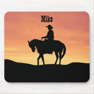 Tapis De Souris Cow-boy à cheval au coucher du soleil
