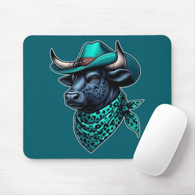 Tapis De Souris Cowboy Bull avec Casquette Turquoise et Écharpe à  (Avec souris)
