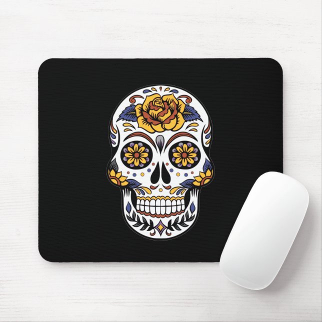 Tapis De Souris Crâne à sucre rose jaune sur noir (Avec souris)