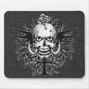 Tapis De Souris Crâne Avec Rose, Cornes, Croix, Ailes Illustration