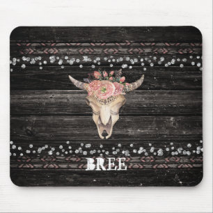 Tapis De Souris Crâne de vache florale rustique Boho Chic Glam arg