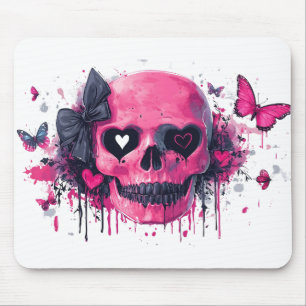 Tapis De Souris Crâne rose avec papillons et coeurs