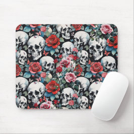 Tapis De Souris Crânes et roses rouges avec papillons