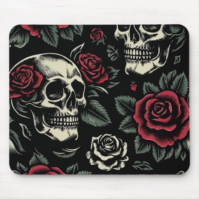 Tapis De Souris Crânes et roses rouges Floral gothique (Devant)
