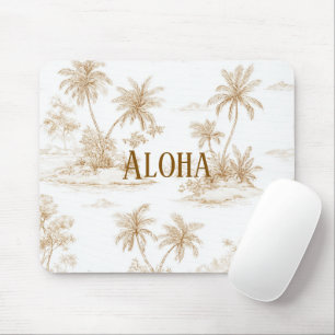Tapis De Souris Crème Brun Aloha Île Tropicale Palmiers