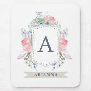 Tapis De Souris Crête florale d'aquarelle avec le monogramme