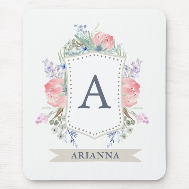 Tapis De Souris Crête florale d'aquarelle avec le monogramme (Devant)