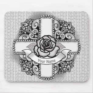Tapis De Souris Croix chrétienne en filigrane de fleur de rose