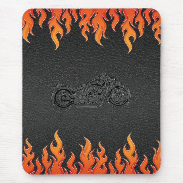 Tapis De Souris Cuir noir flammes orange chrome moto (Devant)