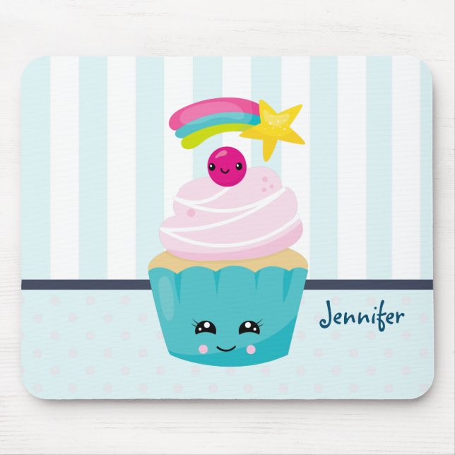 Tapis De Souris Cupcake bleu mignon avec visage Kawaii (Devant)