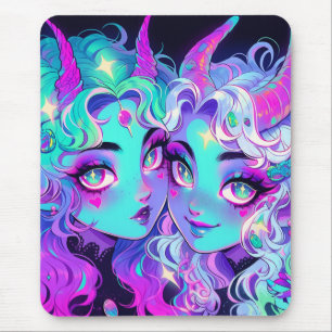 Tapis De Souris Cute Blue Horned Alien Twins Anime Girls